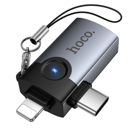 Hoco UA46D Victory adaptér OTG 2v1 Lightning / USB-C – USB-A - šed