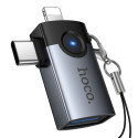 Hoco UA46D Victory adaptér OTG 2v1 Lightning / USB-C – USB-A - šed