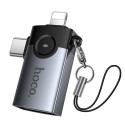 Hoco UA46D Victory adaptér OTG 2v1 Lightning / USB-C – USB-A - šed