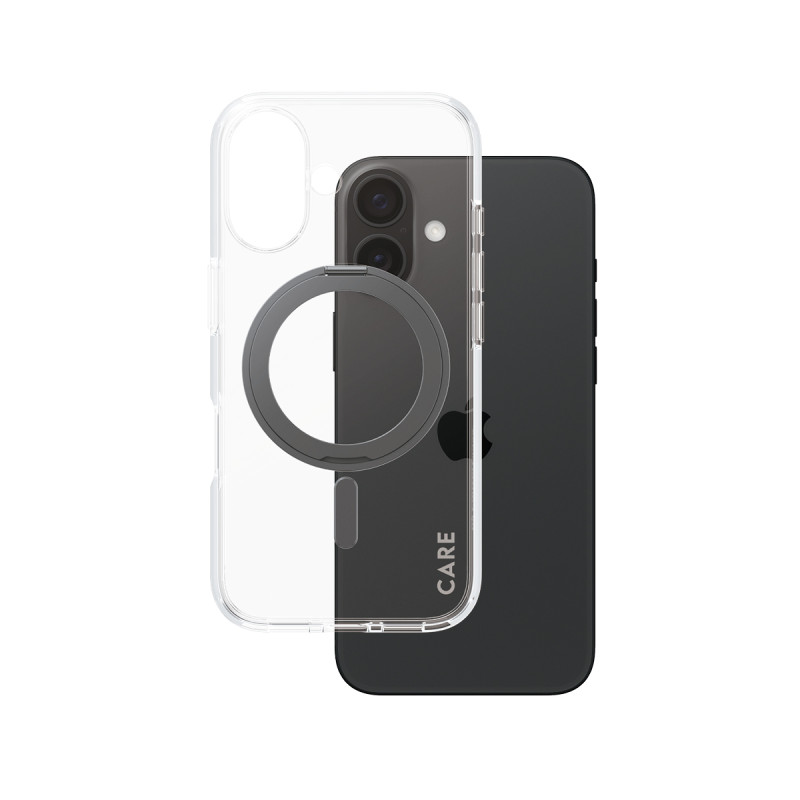 Kryt PanzerGlass CLEAR line pro iPhone 16 - čirý s černým MagSafe KickStand 360° stojánkem