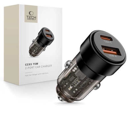 Tech-Protect CC03 2-portová autonabíječka USB-A / USB-C PD 75W, černá