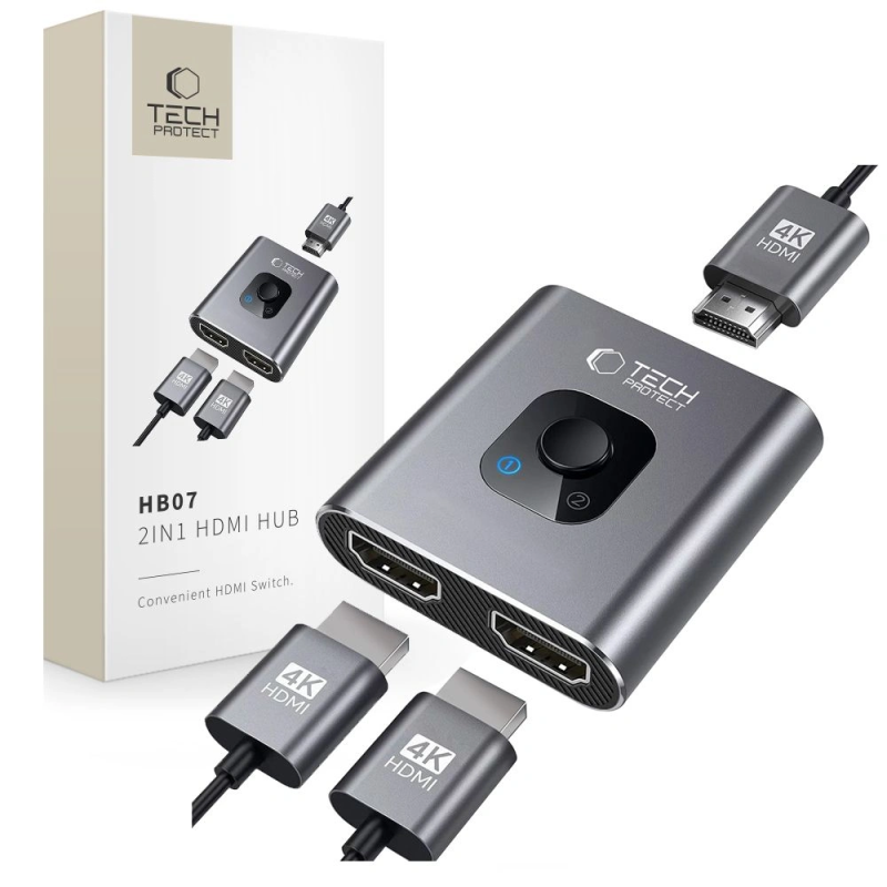 Tech-Protect HB07 – HDMI HUB 2v1, 4K/60Hz, šedý