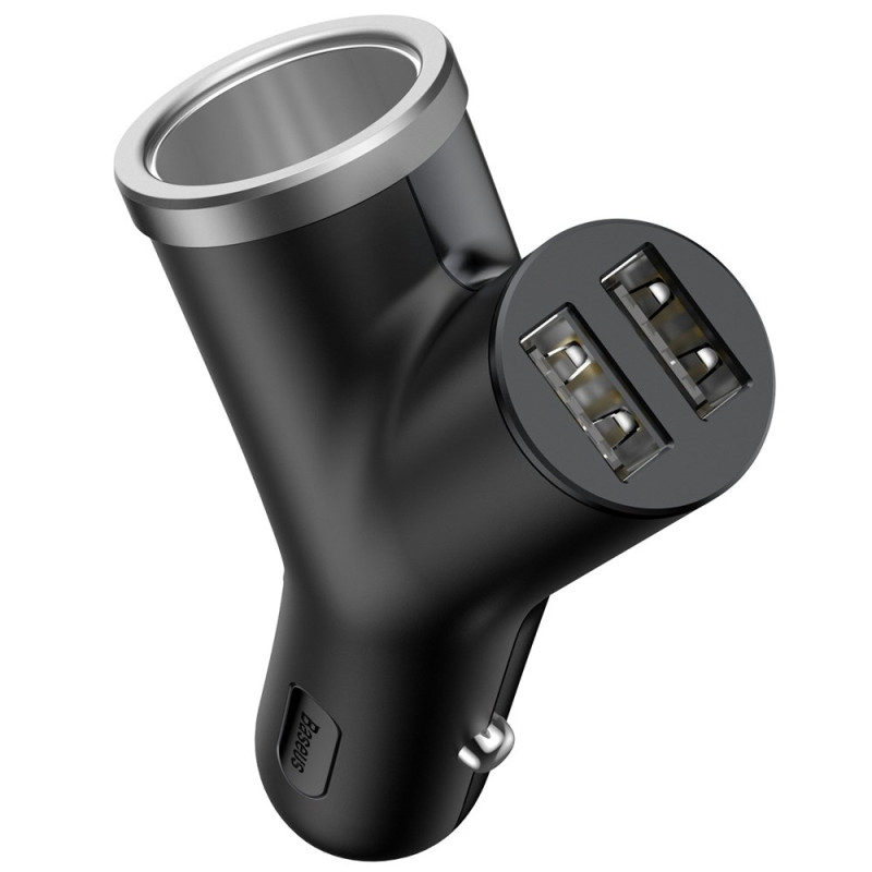 BASEUS CCALL-YX01 Duální autonabíječka Y-type, 2x USB + autozapalovač, černá