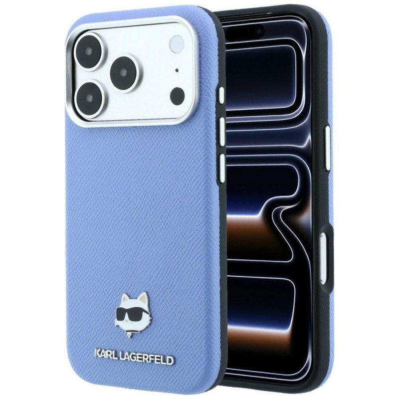 Kryt Karl Lagerfeld Grained Choupette Head Metal MagSafe pro iPhone 18 Pro / 17 Pro - světle modrý