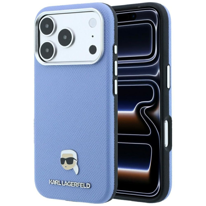 Kryt Karl Lagerfeld GRAINED KARL HEAD METAL MagSafe pro iPhone 18 Pro Max / 17 Pro Max (6,9") - světle modrý