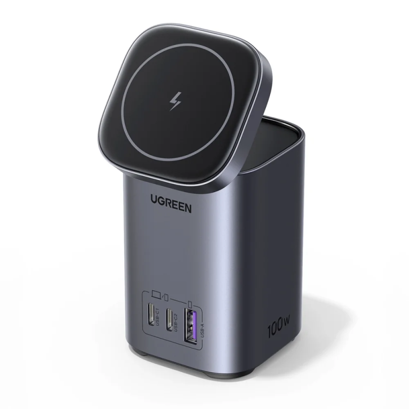 Ugreen CD342 100W GaN 2x USB-C 1x USB-A nabíjecí stanice s indukčním nabíjením Qi MagSafe - šedá barva