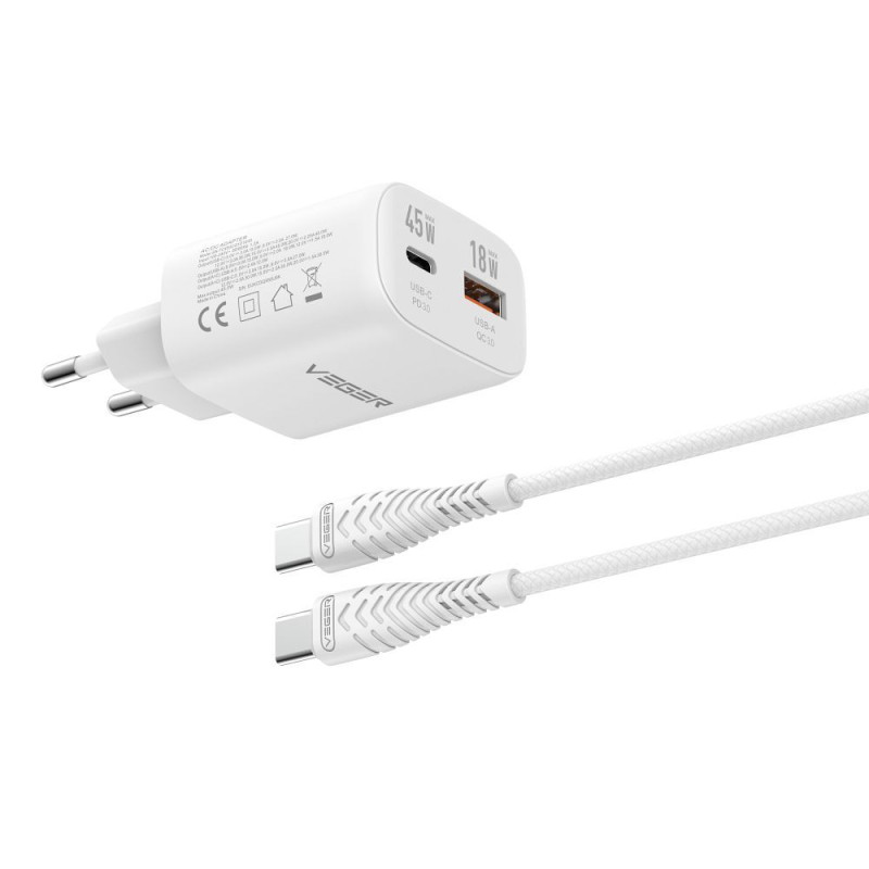 Nabíječka Veger TR101 USB-A + USB-C PD 45W + kabel USB-C na USB-C 100W 1,2 m pro smartphony a tablety - bílá