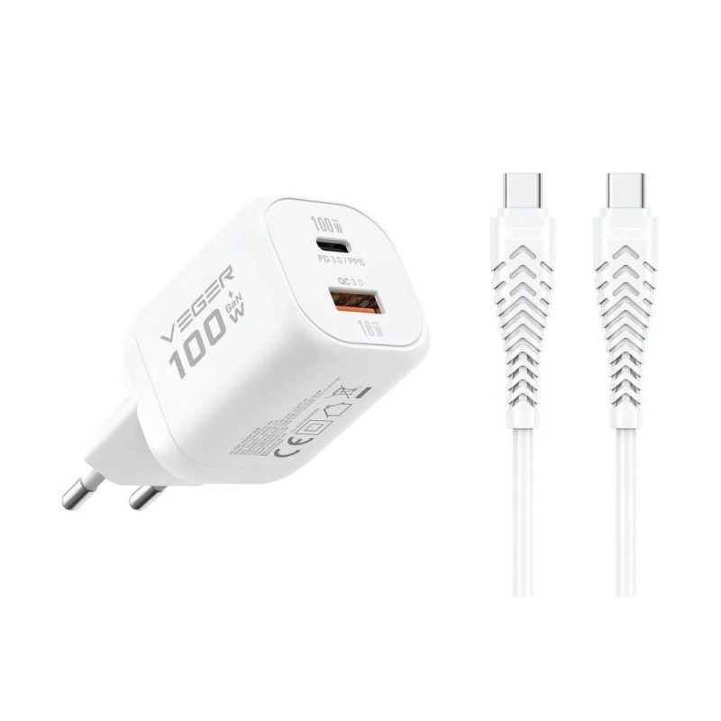 Nabíječka Veger TR150 USB-A + USB-C PD 100W + kabel USB-C/USB-C 240W pro telefony, tablety a notebooky - bílá