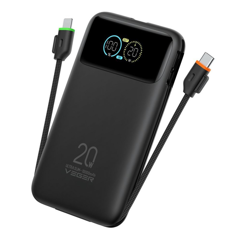 Powerbank Veger FUERZA 10 W1212B 10000mAh PD 20W s vestavěnými kabely USB-C a Lightning pro mobilní zařízení - černý
