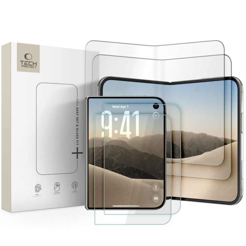 Tvrzené sklo a fólie Tech-Protect Easy Set Fit+ 4v1 pro iPhone Duo – sada 2 skel a 2 fólií, čirá