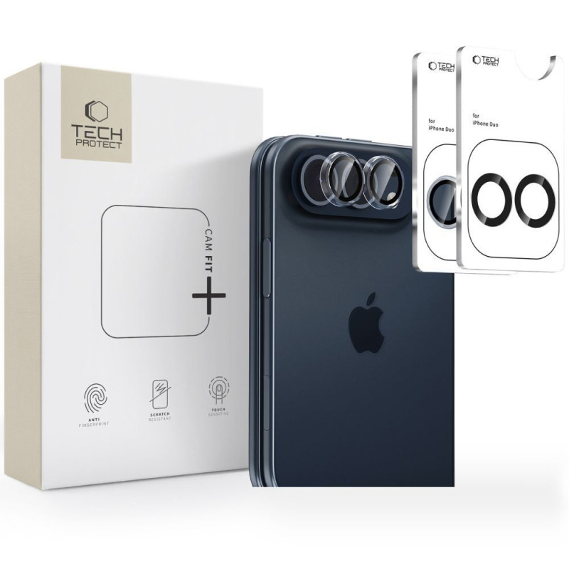 Ochrana fotoaparátu Tech-Protect CamRing Fit+ pro iPhone Duo – 2 sady, černá a čirá