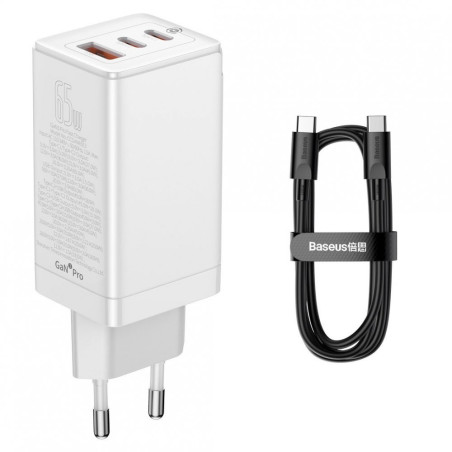 BASEUS CCGP050102 GaN3 Pro Tříportová nabíječka USB + 2x USB-C PD 65W a USB-C kabel, bílá