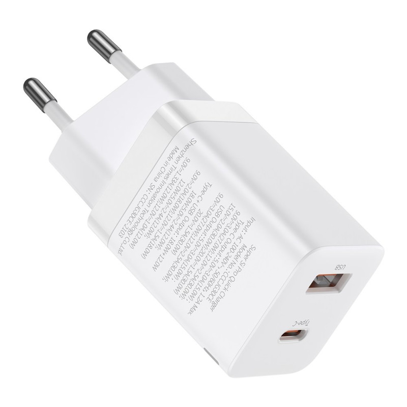 BASEUS CCSUPP-E02 Super Si nabíječka USB-C PD a USB s výkonem 30W, bílá