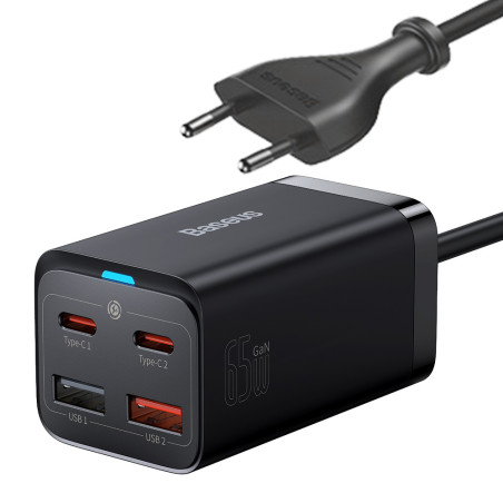 Baseus GaN3 Pro GaN rychlonabíječka 2 x USB typu C / 2 x USB 65W PD, QC4.0+, AFC, PPS + USB typu C - kabel USB typu C 1m černý (