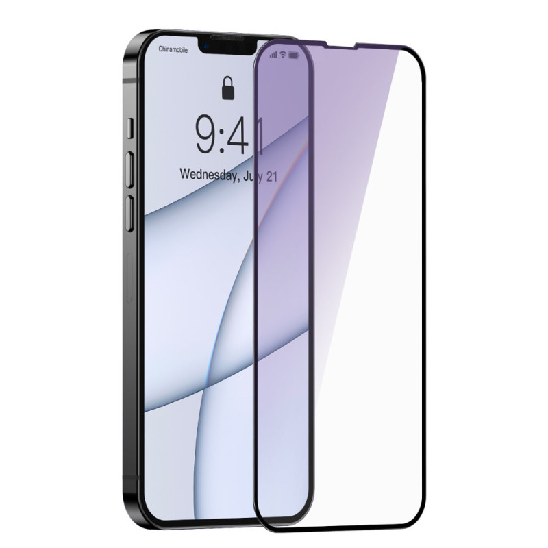 BASEUS SGQP010501 Ochranné sklo 2.5D FULL-COVER 0.3mm pro iPhone 13 Pro Max/14 Plus, montážní rámeček, Anti-blue, 2ks