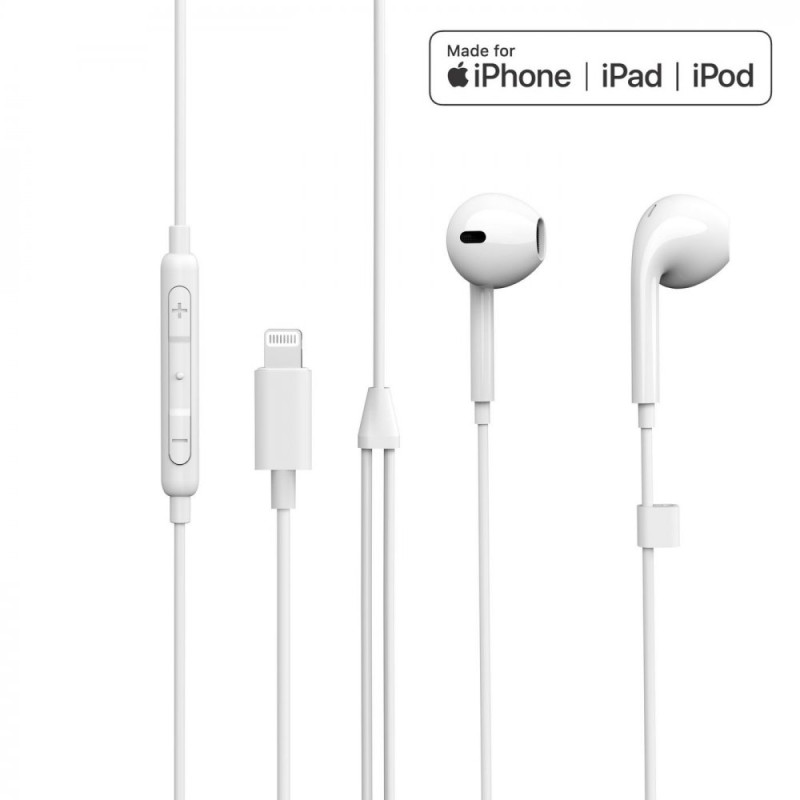 ESTUFF ES652010 Lightning sluchátka s mikrofonem, MFi certifikace, kabel 1,2m, bílá