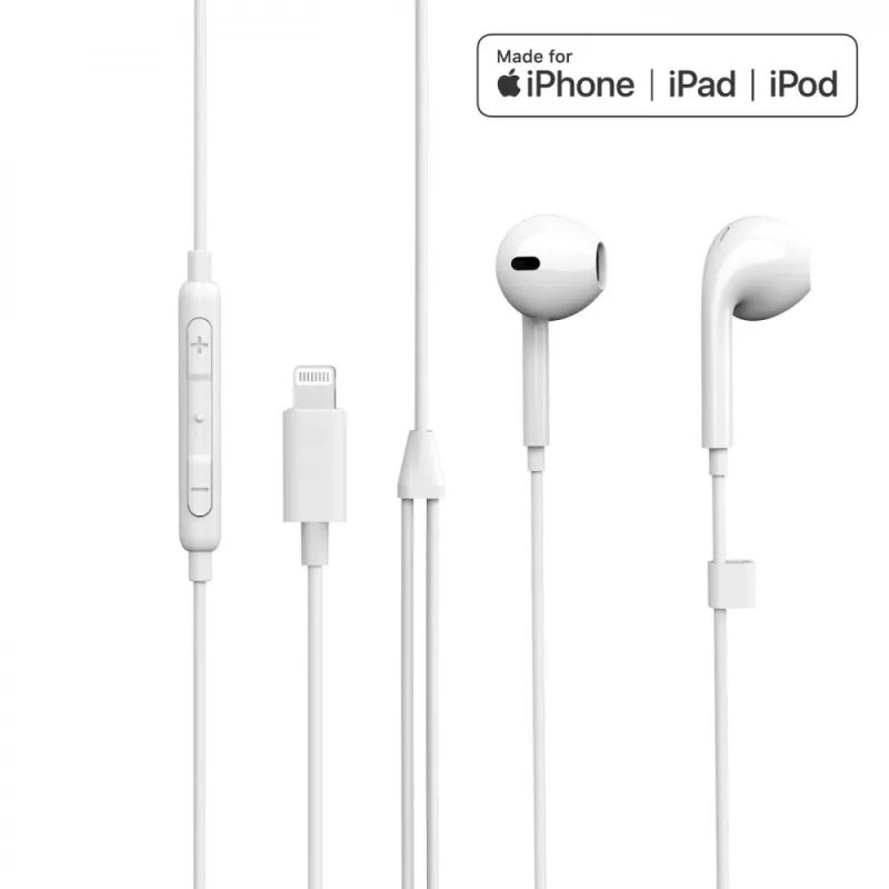 ESTUFF ES652010 Lightning sluchátka s mikrofonem, MFi certifikace, kabel 1,2m, bílá