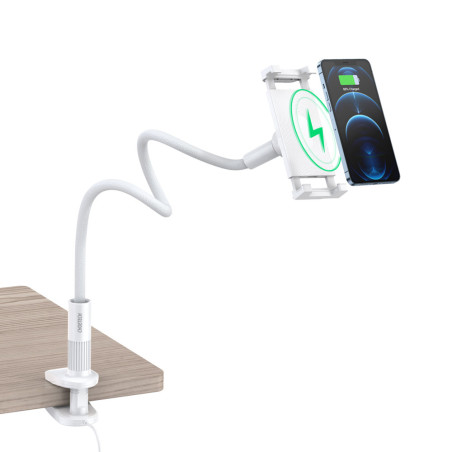 CHOETECH T548-S Flexibilní držák telefonu s uchycením na pracovní desku a bezdrátovým nabíjením 10W, bílý