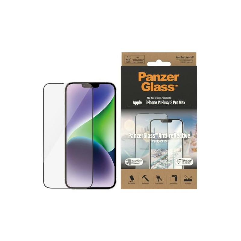 PANZERGLASS Ochranné sklo 2.5D FULL-COVER 0.4mm pro iPhone 13 Pro Max/14 Plus, AntiBacterial, Anti-reflexní, montážní rámeček