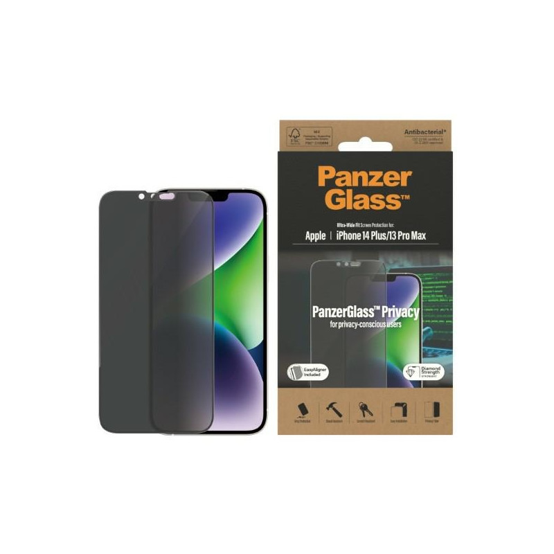 PANZERGLASS Ochranné sklo 2.5D FULL-COVER 0.4mm pro iPhone 13 Pro Max/14 Plus, montážní rámeček, Privacy