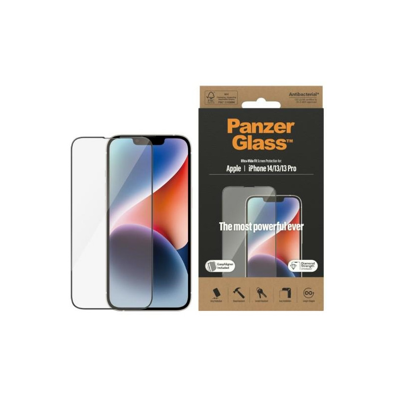 PANZERGLASS Ochranné sklo 2.5D FULL-COVER 0.4mm pro iPhone 13/13 Pro/14, montážní rámeček