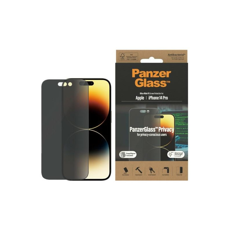 PANZERGLASS Ochranné sklo 2.5D FULL-COVER 0.4mm pro iPhone 14 Pro, montážní rámeček, Privacy
