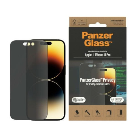 PANZERGLASS Ochranné sklo 2.5D FULL-COVER 0.4mm pro iPhone 14 Pro, montážní rámeček, Privacy