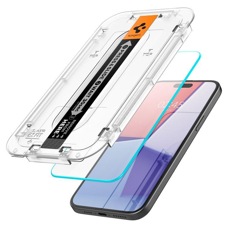 SPIGEN EZ Fit Ochranné sklo 2.5D FULL-COVER 0.3mm pro iPhone 15 Plus, montážní rámeček, 2ks