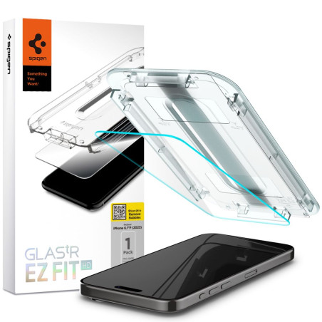 SPIGEN EZ Fit Ochranné sklo 2.5D FULL-COVER 0.3mm pro iPhone 15 Pro, montážní rámeček, 1ks