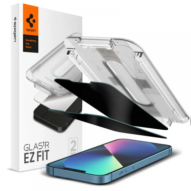 SPIGEN EZ FIT Ochranné sklo 2.5D STANDARD 0.3mm pro iPhone 13/13 Pro/14, montážní rámeček, Privacy, 2ks