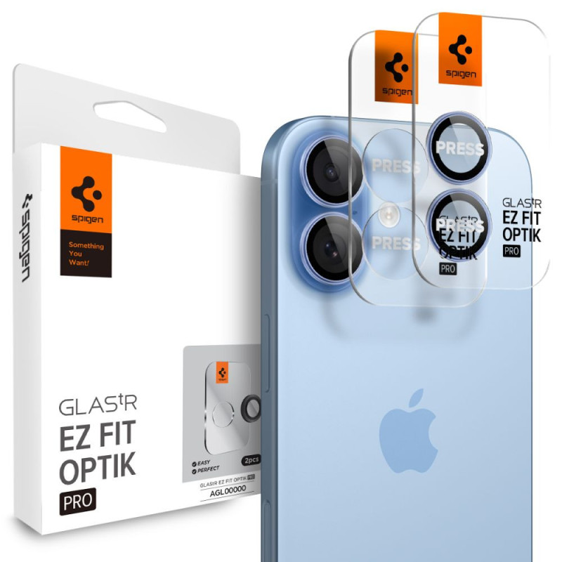 Ochranné sklo Spigen OPTIK PRO GLAS.TR ”EZ FIT” pro iPhone 16 / 16 Plus / 17 - modrá