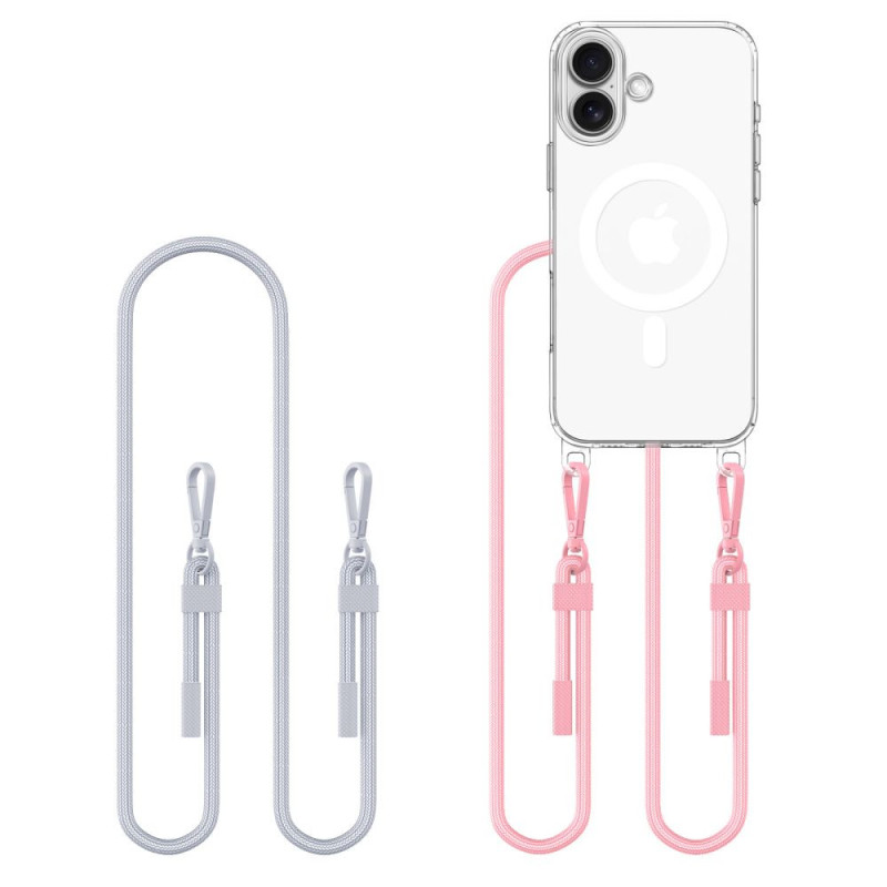 Kryt Tech-Protect FLEXAIR CHAIN MagSafe pro iPhone 16 - clear + růžový a šedý popruh