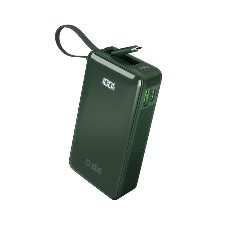 Powerbanka SBS POWERBANK 10000 mAh 20W s vestavěným USB-C kabelem a displejem pro zařízení - zelená