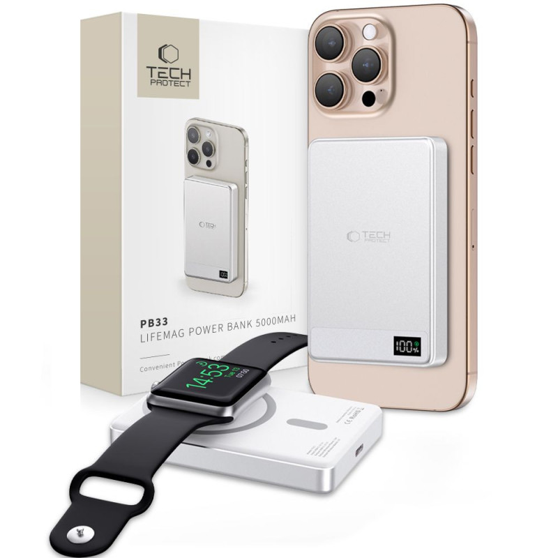 Powerbanka Tech-Protect PB33 LifeMag pro MagSafe 5000mAH - stříbrná