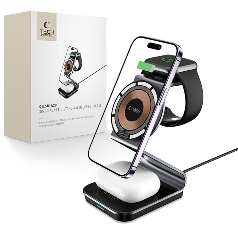 Nabíječka Tech-Protect QI15W-A29 3v1 pro Smartphone / Apple Watch / AirPods - černá