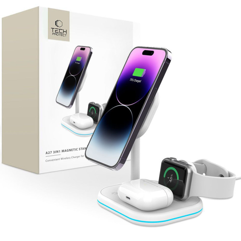 Nabíječka Tech-Protect QI15W-A27 3v1 pro iPhone / Apple Watch / AirPods - bílá