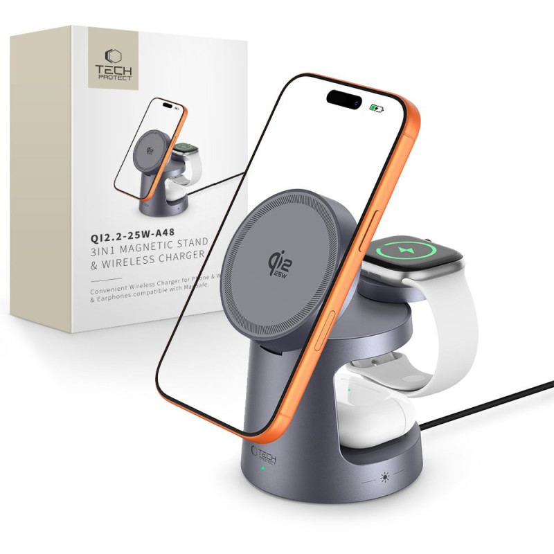 Nabíječka Tech-Protect A48 3IN1 MAGNETIC MAGSAFE WIRELESS CHARGER 25W QI2.2 pro bezdrátové nabíjení - dark grey