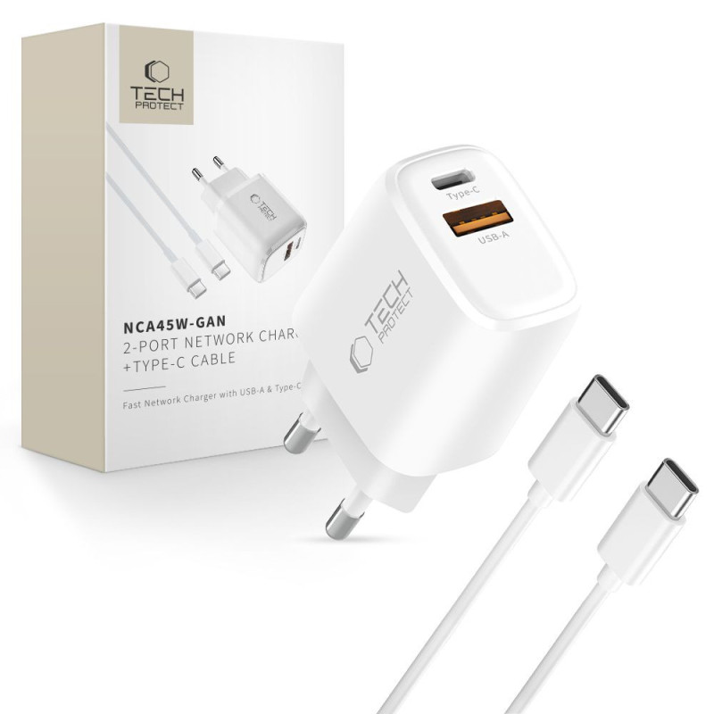 Nabíječka Tech-Protect NCA45W-GAN 2-PORT NETWORK CHARGER PD 45W / QC3.0 + TYPE-C CABLE bílé