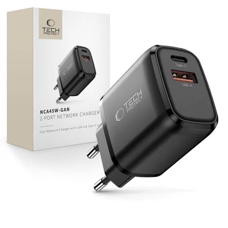 Nabíječka Tech-Protect NCA45W-GAN 2-PORT pro PD / QC 3.0 - černá