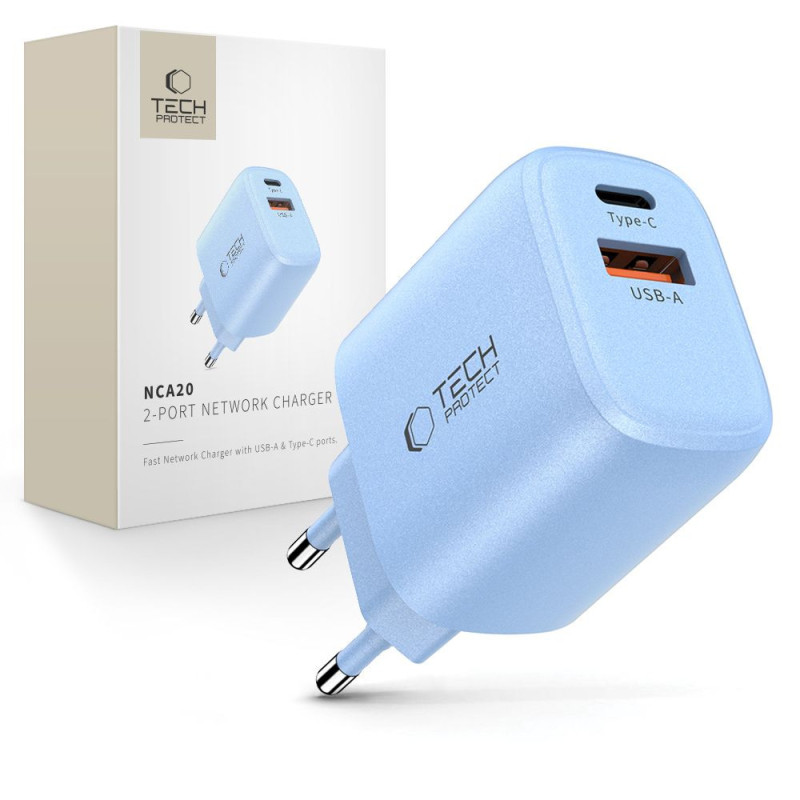 Nabíječka Tech-Protect NCA20 2-PORT NETWORK CHARGER PD 20W / QC3.0 pro zařízení - baby blue