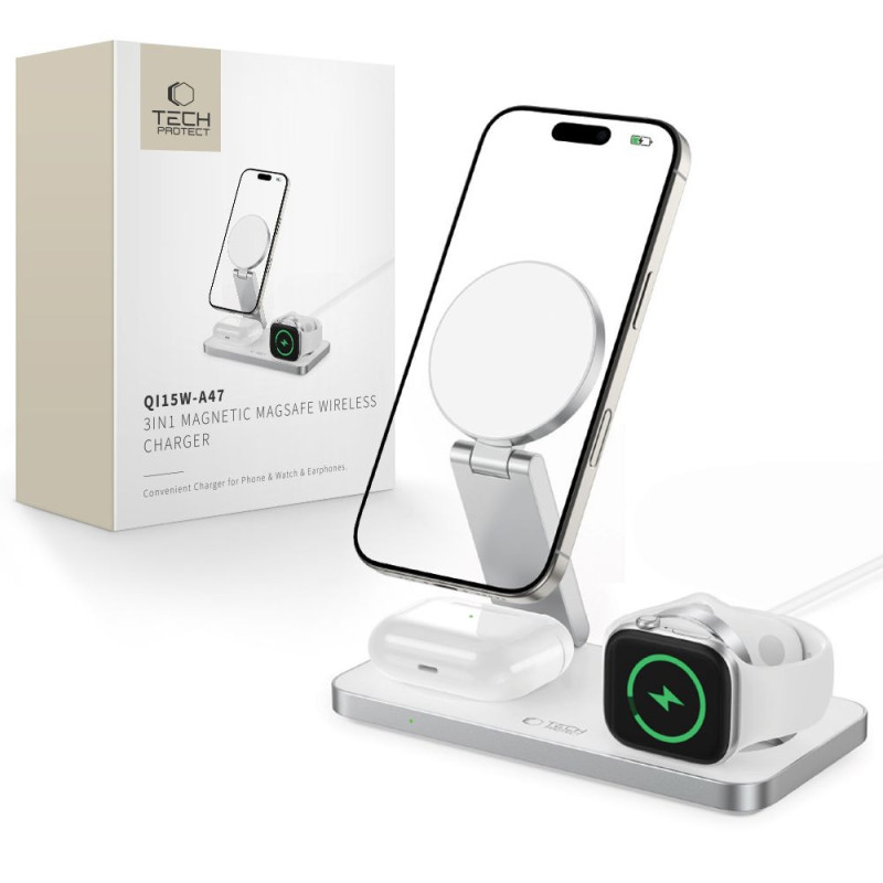 Nabíječka Tech-Protect QI15W-A47 3IN1 MAGNETIC MAGSAFE bezdrátová pro iPhone/Apple Watch/AirPods - bílá