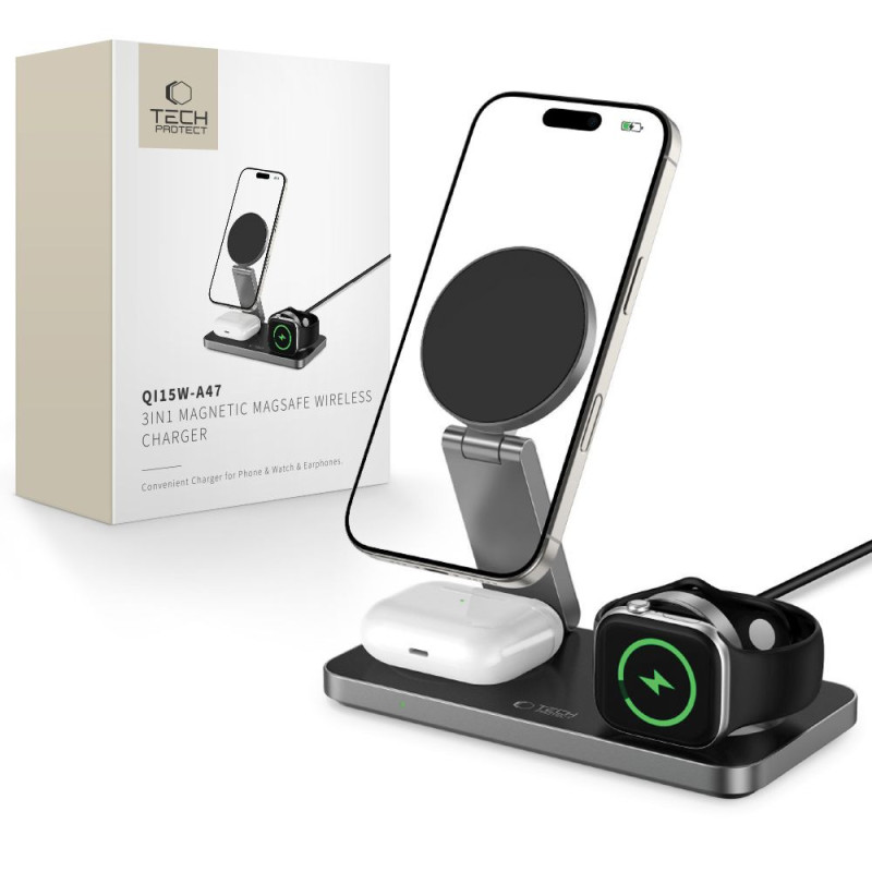 Nabíječka Tech-Protect QI15W-A47 3IN1 MAGNETIC MAGSAFE WIRELESS CHARGER pro iPhone, Apple Watch a AirPods - black