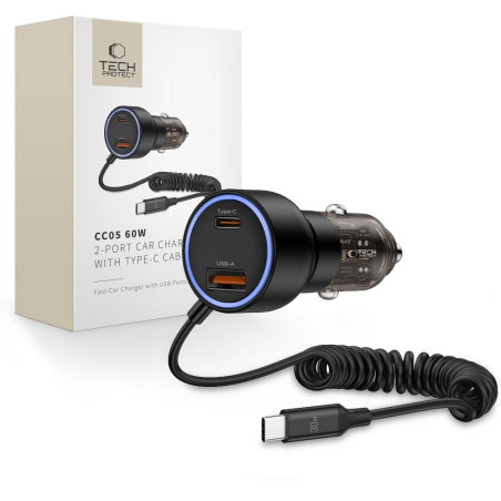 Tech-Protect CC05 nabíječka do auta 2-PORT PD 60W + kabel - black