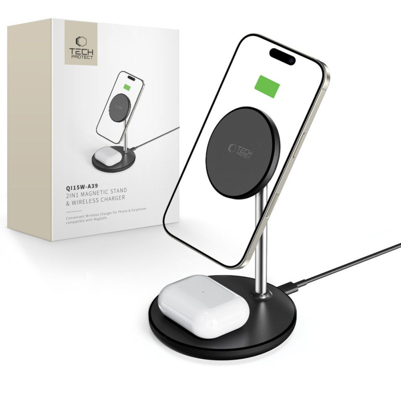 Nabíječka Tech-Protect QI15W-A39 2IN1 MAGNETIC MAGSAFE pro smartphone a sluchátka - black