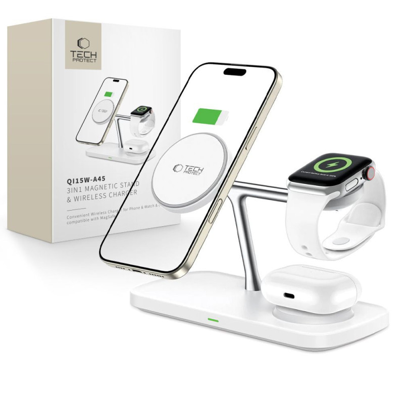 Nabíječka Tech-Protect QI15W-A45 3IN1 MAGNETIC MAGSAFE WIRELESS CHARGER pro MagSafe zařízení - bílá