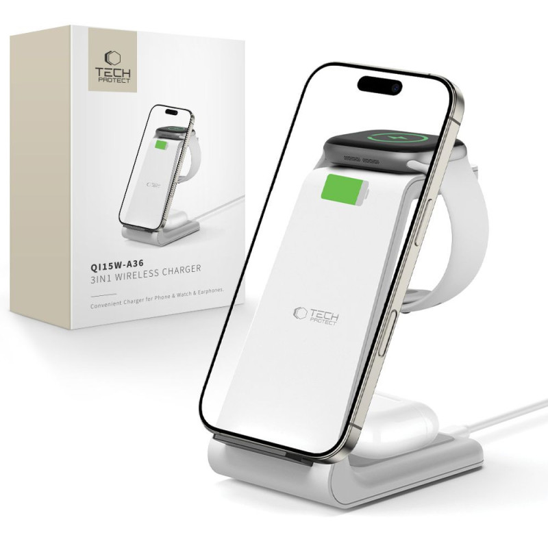 Nabíječka Tech-Protect QI15W-A36 3IN1 pro Apple Watch - bílá