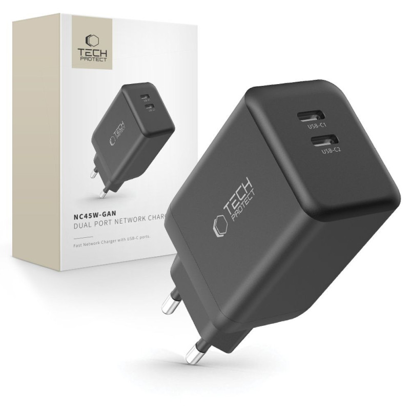 Nabíječka Tech-Protect NC45W-GAN 2-PORT PD 45W pro mobilní zařízení - černá