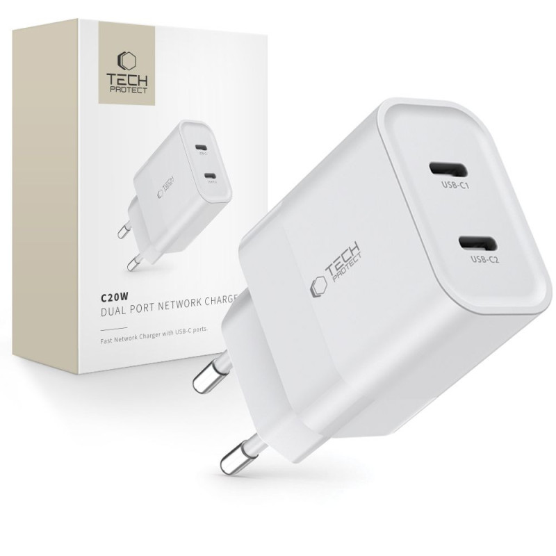 Nabíječka Tech-Protect C20W 2-PORT NETWORK CHARGER PD 20W pro chytré zařízení - bílá