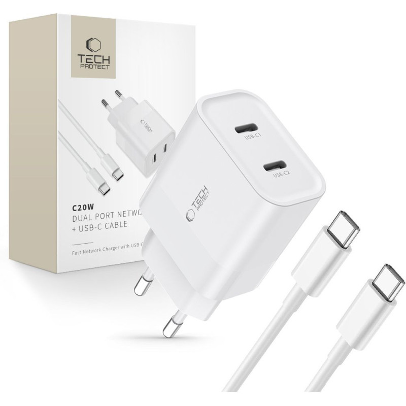 Nabíječka Tech-Protect C20W 2-PORT NETWORK CHARGER PD 20W pro zařízení USB-C - bílá