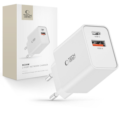 Nabíječka Tech-Protect NC30W 2-port PD 30W QC3.0 bílá